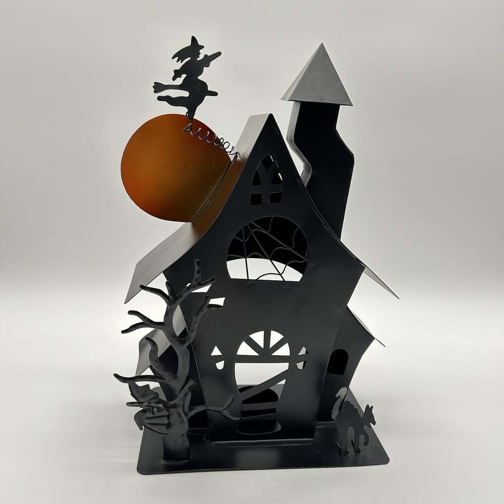 Halloween Metal Tin Haunted House Witch Cat Tea Light Candle Holder 8 X 5 X 12